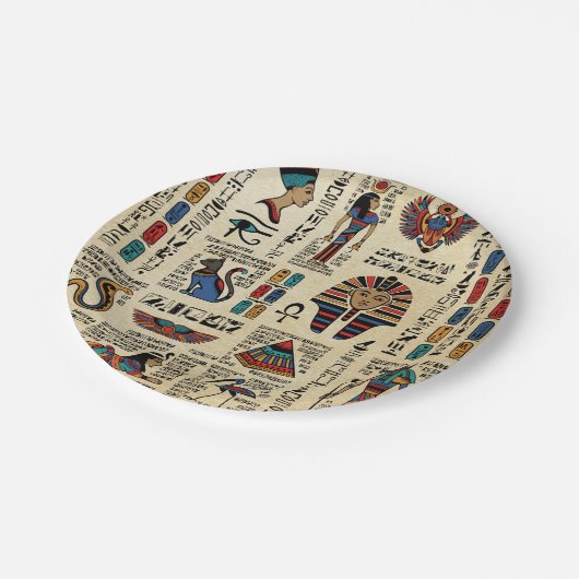 Egyptische hiërogliefen en godheden op papyrus papieren bordje (Gekanteld)