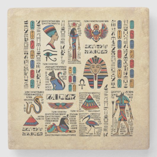 Egyptische hiërogliefen en godheden op papyrus stenen onderzetter (Voorkant)