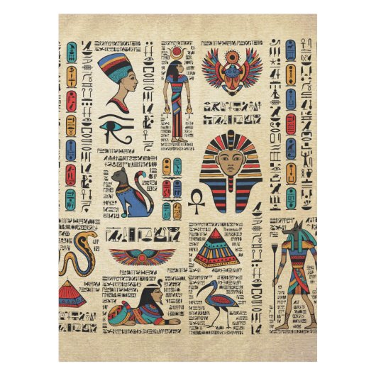 Egyptische hiërogliefen en godheden op papyrus tafelkleed (Voorkant)