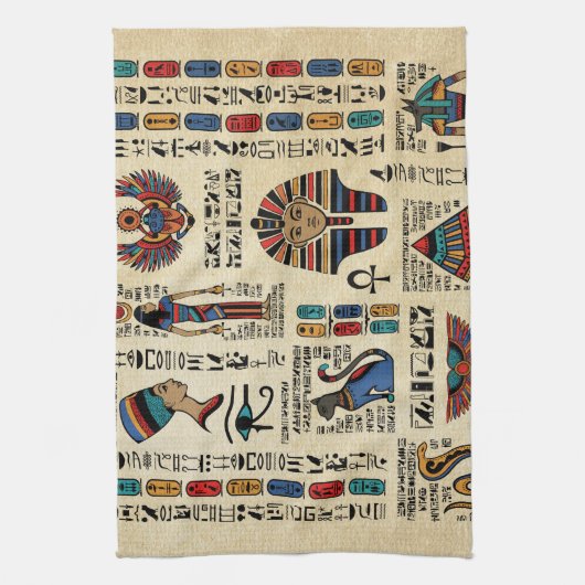 Egyptische hiërogliefen en godheden op papyrus theedoek (Verticaal)