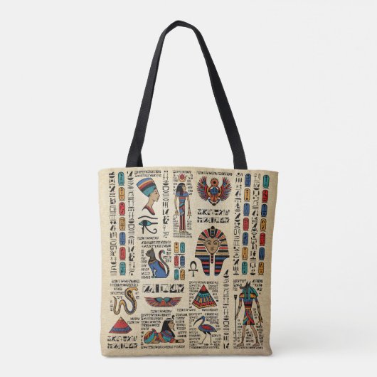 Egyptische hiërogliefen en godheden op papyrus tote bag (Achterkant)