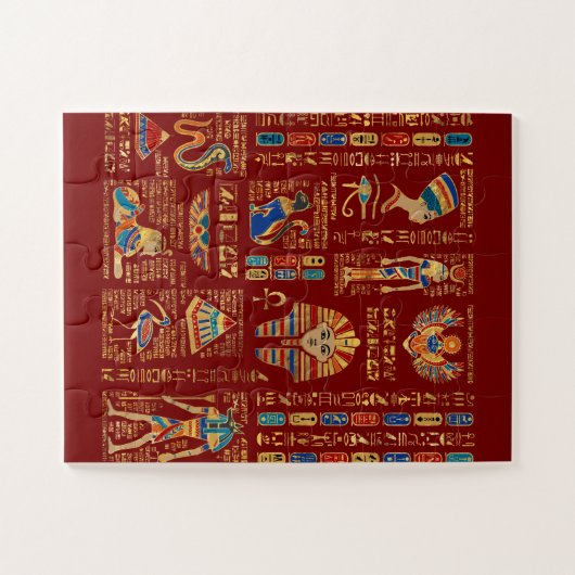 Egyptische hiërogliefen en oudheden in rood legpuzzel (Horizontaal)