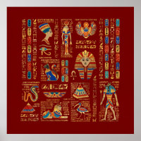 Egyptische hiërogliefen en oudheden in rood