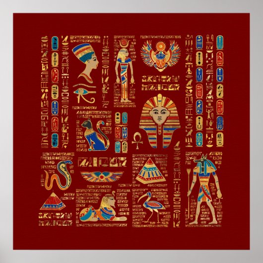 Egyptische hiërogliefen en oudheden in rood poster (Voorkant)