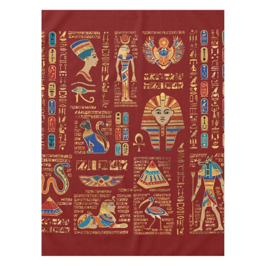 Egyptische hiërogliefen en oudheden in rood tafelkleed (Voorkant)
