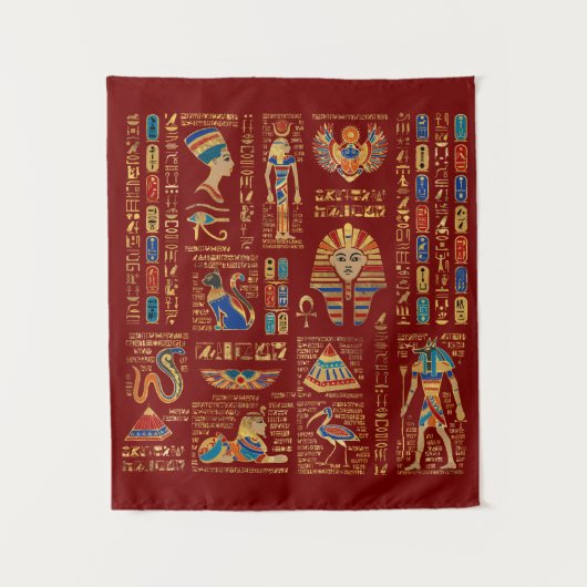 Egyptische hiërogliefen en oudheden in rood wandkleed (Voorkant)