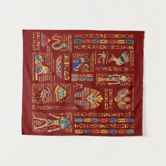 Egyptische hiërogliefen en oudheden in rood wandkleed (Voorkant (horizontaal))