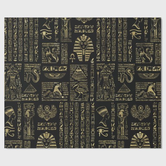 Egyptische hiërogliefen en oudheden in zwart goud cadeaupapier (Vlak)