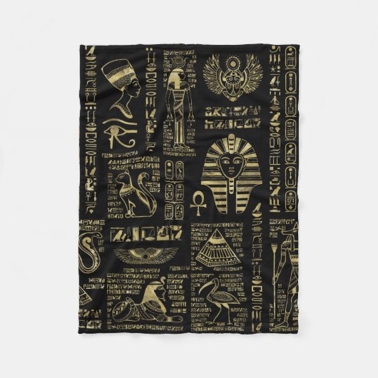 Egyptische hiërogliefen en oudheden in zwart goud fleece deken (Voorkant)
