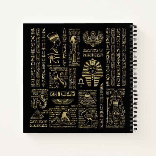Egyptische hiërogliefen en oudheden in zwart goud notitieboek (Achterkant)