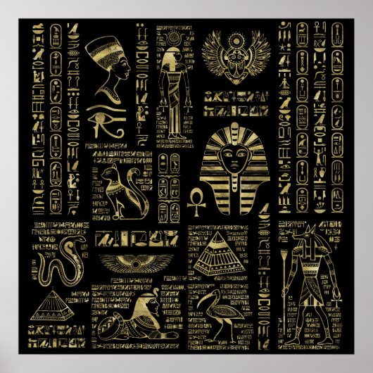 Egyptische hiërogliefen en oudheden in zwart goud poster (Voorkant)