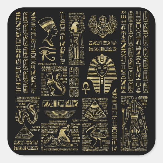 Egyptische hiërogliefen en oudheden in zwart goud vierkante sticker (Voorkant)