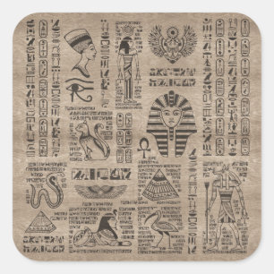 Egyptische hiërogliefen en symbolen op hout vierkante sticker