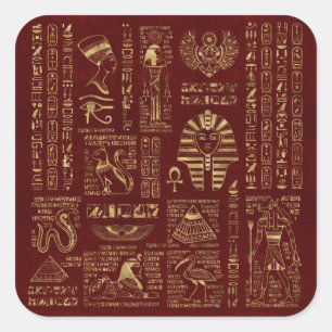 Egyptische hiërogliefen en symbolen rood leer vierkante sticker