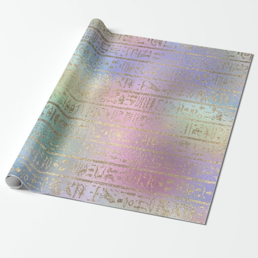 Egyptische hiërogliefen goud blauw water roze ombr cadeaupapier (Uitgerold)