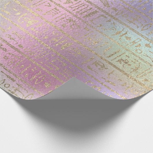 Egyptische hiërogliefen goud blauw water roze ombr cadeaupapier (Hoek)