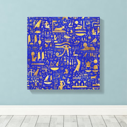 Egyptische hiërogliefen - Lapis Lazuli en Gold Canvas Afdruk (Insitu (Houten vloer))