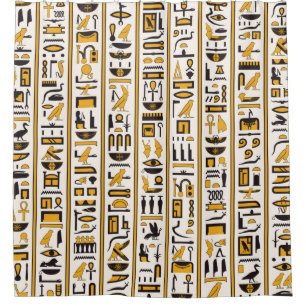 Egyptische hiërogliefen met gele zwarte kleur naa douchegordijn