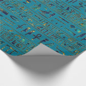 Egyptische hiërogliefen op blauwgroen ledertextuur cadeaupapier (Hoek)