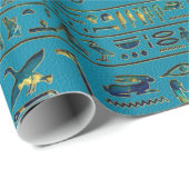 Egyptische hiërogliefen op blauwgroen ledertextuur cadeaupapier (Rol Hoek)