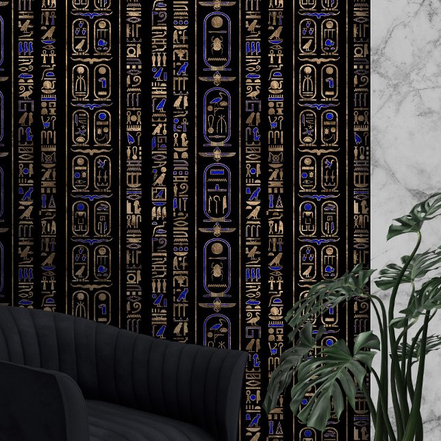 Egyptische hiërogliefen patroon Gold Lapis Lazuli  Behang (Creator heeft geüpload)