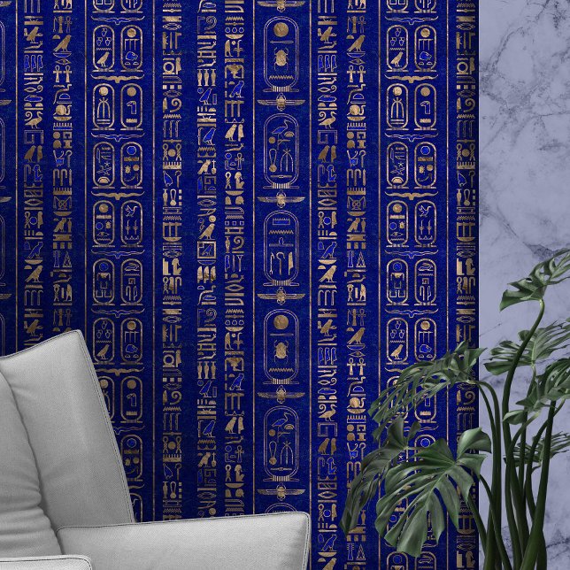 Egyptische hiërogliefen patroon Gold Lapis Lazuli Behang (Creator heeft geüpload)