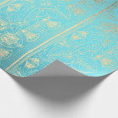 Egyptische Hieroglyphs Gold Foxier Turquoise Ocean Cadeaupapier (Hoek)