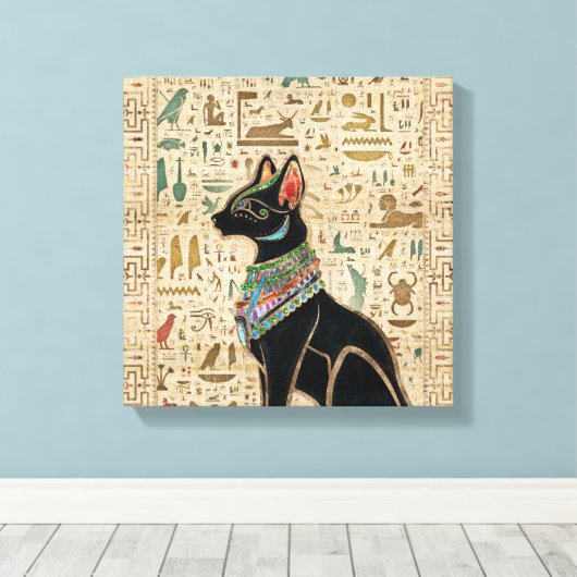 Egyptische kat - Bastet op papyrus Canvas Afdruk (Insitu (Houten vloer))