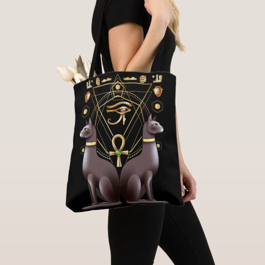 Egyptische kat Horus Eye Ankh Sacred Geometry Tote Bag (Dichtbij)