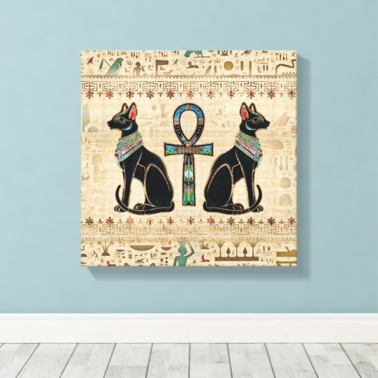 Egyptische katten en ankhkruis canvas afdruk (Insitu (Houten vloer))