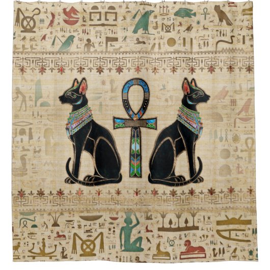 Egyptische katten en ankhkruis douchegordijn (Voorkant)