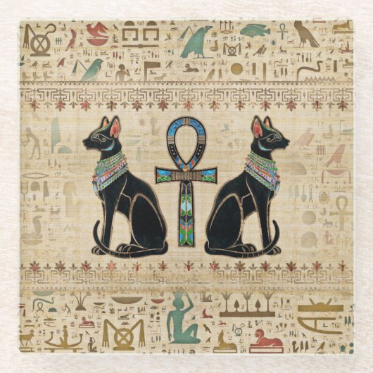 Egyptische katten en ankhkruis glazen onderzetter (Voorkant)