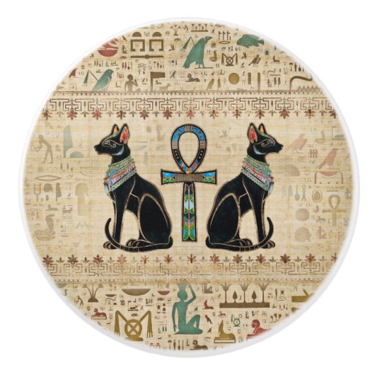 Egyptische katten en ankhkruis keramische knop (Voorkant)