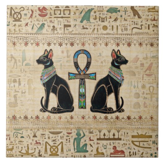 Egyptische katten en ankhkruis tegeltje (Voorkant)