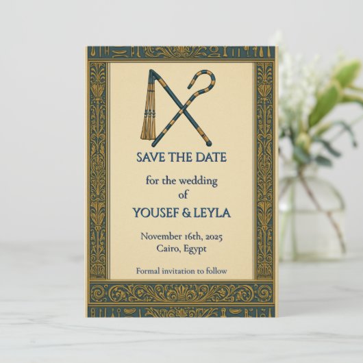 Egyptische Kromstaf & Vlegel Gouden Save the Date (Staand voorkant)