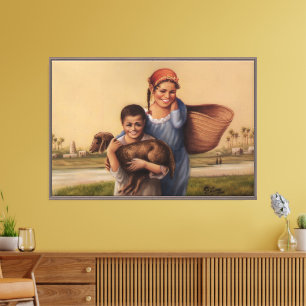 Egyptische landschapschildering in vintage-stijl canvas afdruk
