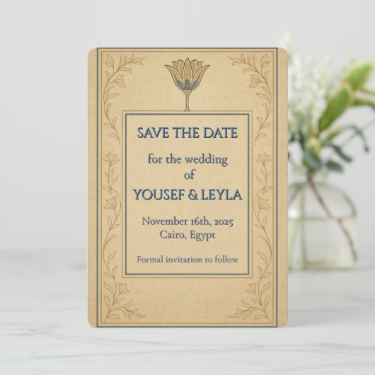 Egyptische Lotus Gouden Save the Date Kaart (Staand voorkant)