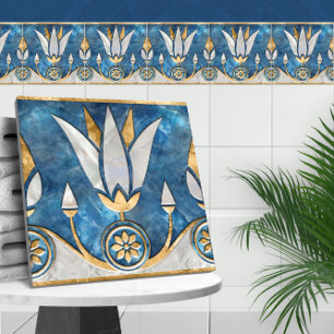 Egyptische Lotus grens - Blauw Marmer, Parel Goud Tegeltje