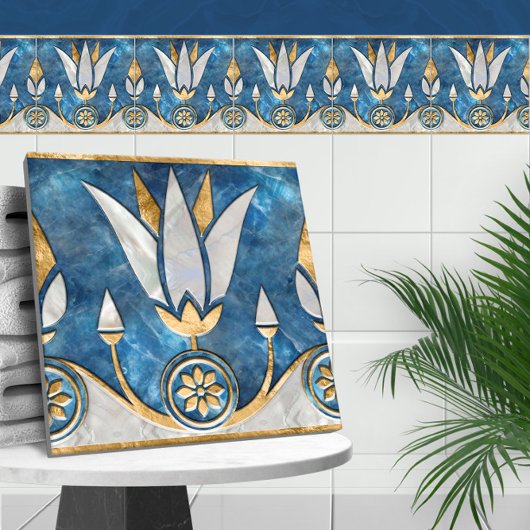 Egyptische Lotus grens - Blauw Marmer, Parel Goud Tegeltje