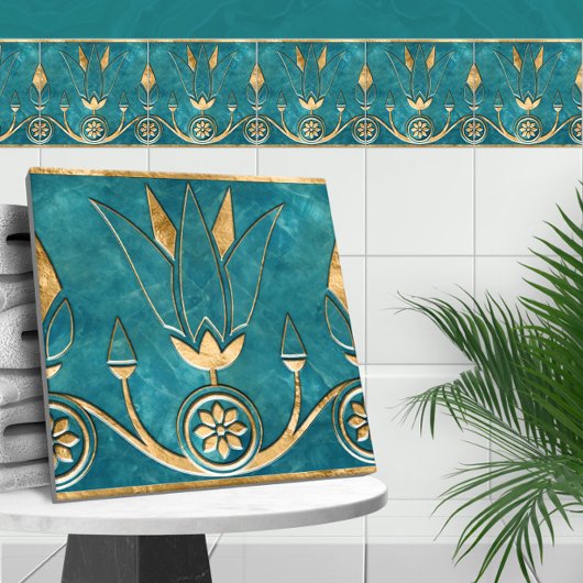 Egyptische Lotus grens - Turquoise marmer en goud Tegeltje