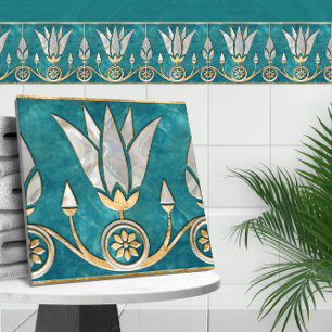 Egyptische Lotus grens - Turquoise parel en goud Tegeltje