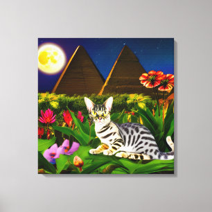 Egyptische Mau Cat in een Midnight Garden Canvas Afdruk
