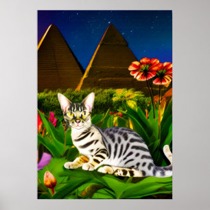 Egyptische Mau Cat in een Midnight Garden Poster
