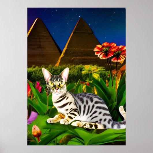 Egyptische Mau Cat in een Midnight Garden Poster (Voorkant)
