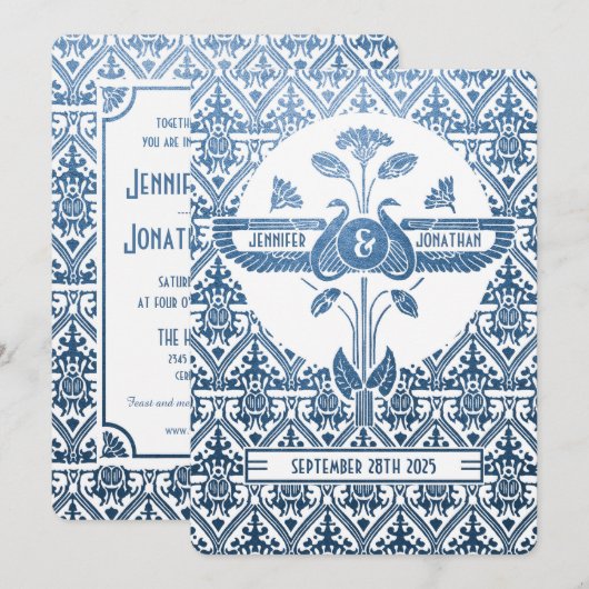 Egyptische nouveau bruiloft uitnodigingen - Blauwe (Voorkant / Achterkant)