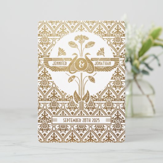 Egyptische nouveau bruiloft uitnodigingen goud & w (Staand voorkant)
