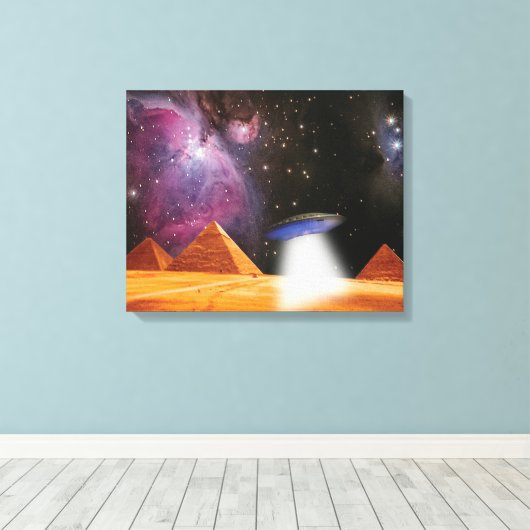 Egyptische Pyramids Giza ontmoeten ruimte en UFO Canvas Afdruk (Insitu (Houten vloer))