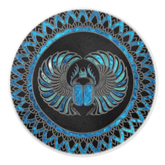 Egyptische Scarab Beetle - Goud en blauw glas Keramische Knop (Voorkant)