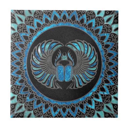 Egyptische Scarab Beetle - Goud en blauw glas Tegeltje (Voorkant)