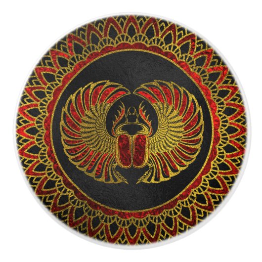 Egyptische Scarab Beetle - Goud en rood metallisch Keramische Knop (Voorkant)